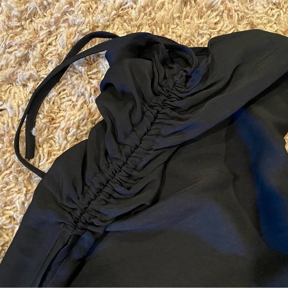 Black Cold Shoulder Blouse with Gold Chain Straps & cinched Tied Sleeves - Picture 5 of 7